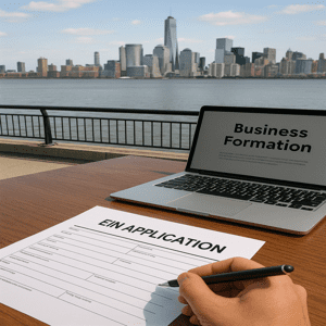 Business owner filling out EIN application form in Hoboken, NJ
