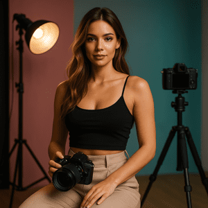 Young female content creator in a photo studio holding a camera