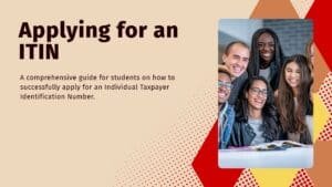 Illustration showing student with books and tax documents applying for an ITIN